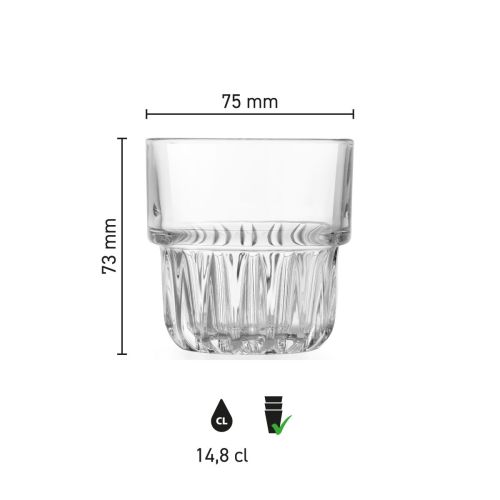 Infographic met afmetingen van het Tumbler Onis 15 cl glas. toont hoogte, diameter en inhoud.