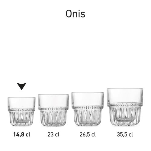 Serie identieke Onis tumblerglazen met verschillende inhouden overzichtelijk gepresenteerd naast elkaar.
