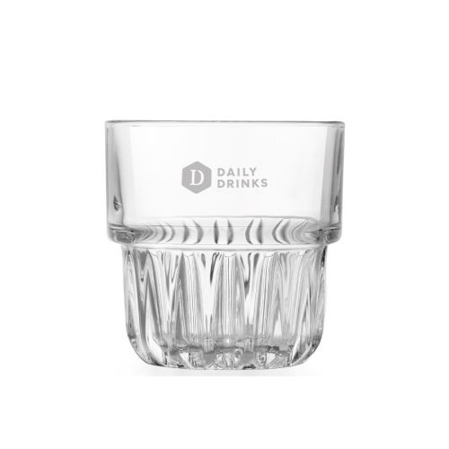 Gravure van DailyDrinks-logo zichtbaar op transparante Onis tumbler 23 cl. in vooraanzicht.