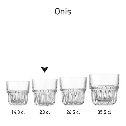 Overzicht van Tumbler Onis glazen 23 cl. als productserie in rijopstelling.