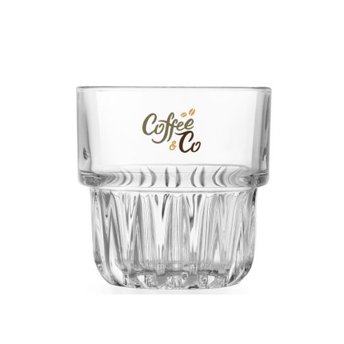 Tumbler Onis glas 26 cl. met meerkleurig CoffeeCo-logo bedrukt op de voorzijde van het transparante glas.Tumbler Onis glas 26 cl met meerkleurig CoffeeCo-logo bedrukt op de voorzijde van het transparante glas.