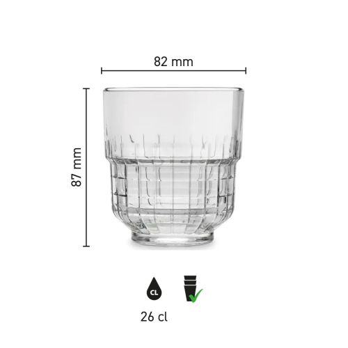 Infographic toont hoogte, diameter en inhoud van het Tumbler Onis glas 26 cl. in duidelijke schaalverdeling.