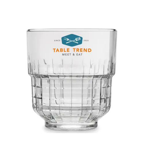 Tumbler Onis glas 35 cl. met meerkleurig TableTrend-logo op de voorzijde van het transparante glas gedrukt.