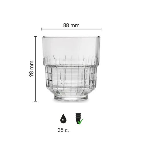 Infographic toont hoogte, diameter en inhoud van het Tumbler Onis glas 35 cl.