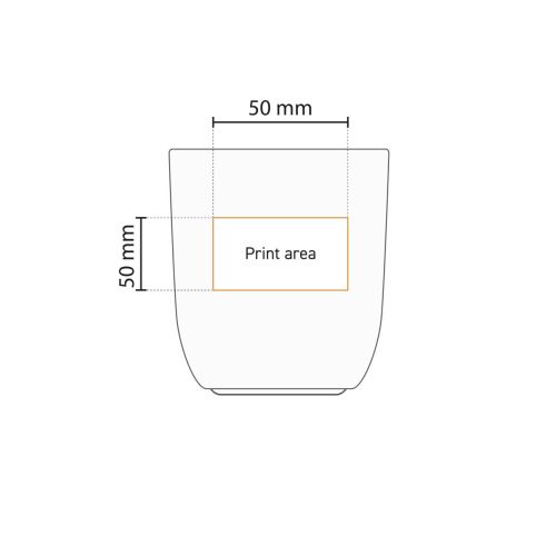Technische werktekening toont drukgebied op de voorzijde van de porseleinen beker 35 cl.