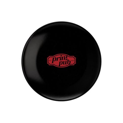 PrintPub-logo in één kleur gedrukt op het zwarte Venus bord 20 cm porselein.