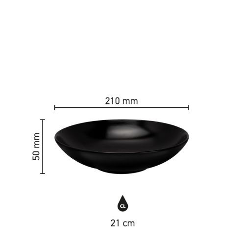Infographic toont diameter, diepte en randhoogte van het Venus bord 21 cm van aardewerk.