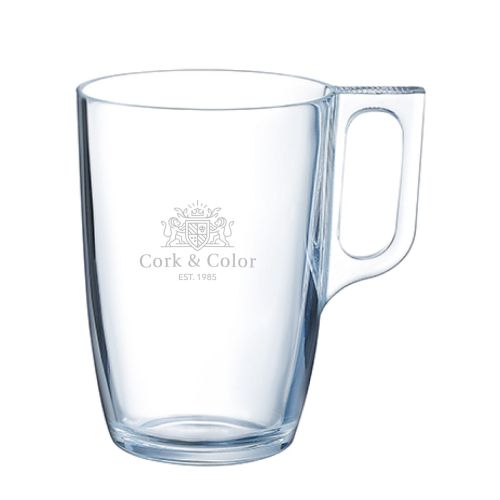 Gravure van het CorkColor-logo op voorzijde van helder Voluto glas 40 cl.