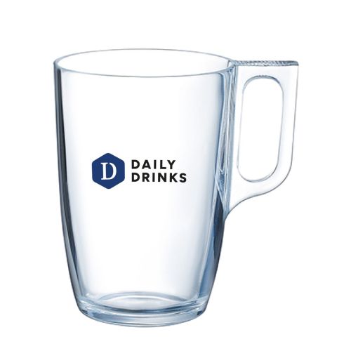 Vooraanzicht van Voluto glas 40 cl. met meerkleurig DailyDrinks-logo op het oppervlak.