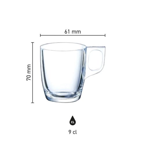 Infographic toont hoogte en diameter van het Voluto espressoglas 9 cl.