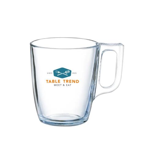 Voorzijde van Voluto glas bedrukt met meerkleurig TableTrend-logo.