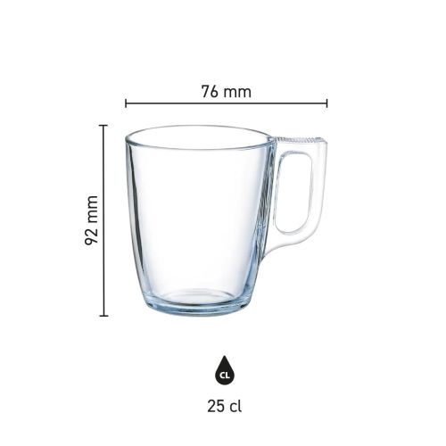 Afbeelding toont maatvoering van het glas 25 cl. in technische infographic.