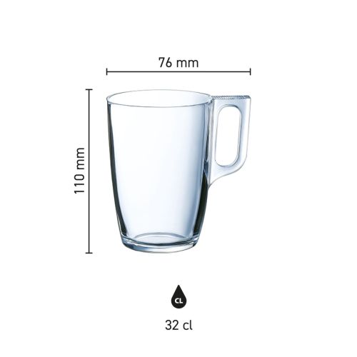 Infographic toont de exacte afmetingen van het Voluto glas 32 cl. in detail.