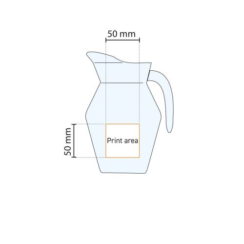 Schema met exacte druklocatie op Broc Arc 0,5 liter glazen waterkan voor bedrukking of gravure.