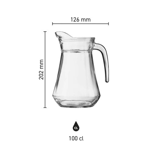 Infographic toont hoogte, diameter en inhoud van glazen waterkan Broc Arc 1,0 liter.