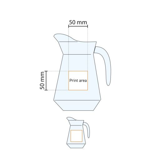 Technische werktekening met drukgebied op glazen waterkan Broc Arc 1,3 liter  voor logo.