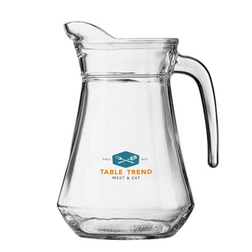 Glazen waterkan Broc Arc 1,3 liter met meerkleurig TableTrend-logo op de voorzijde aangebracht.