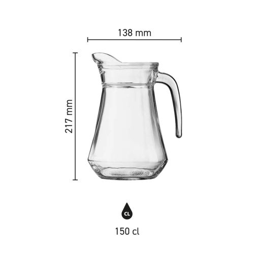 graphic toont hoogte, diameter en inhoud van glazen waterkan Broc Arc 1,3 liter.