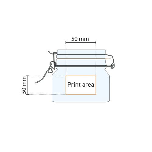 Technische tekening toont drukgebied op vierkante glazen weckpot Fido 0,5 liter.