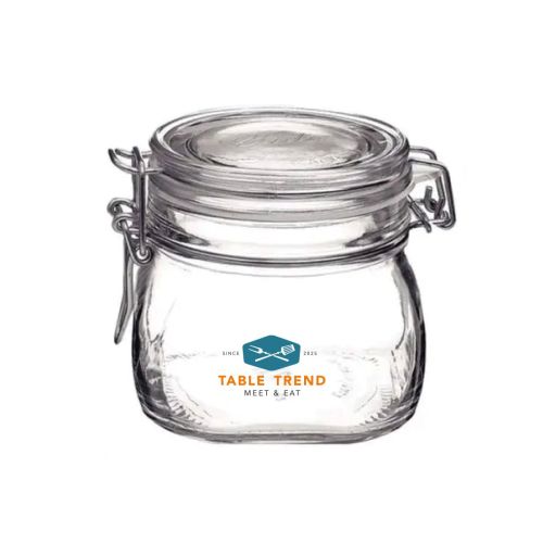 Vierkante Fido weckpot 0,5 liter glas met meerkleurig TableTrend-logo op het vooraanzicht.