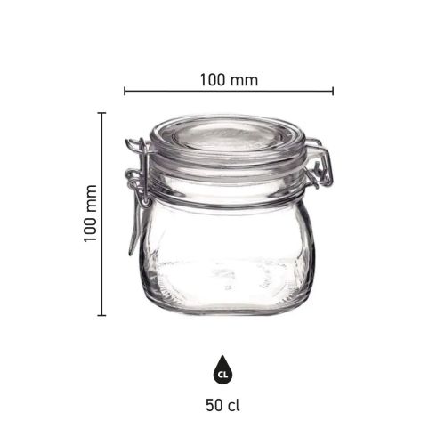 Infographic toont hoogte, breedte en inhoud van Fido weckpot 0,5 liter vierkant glas.