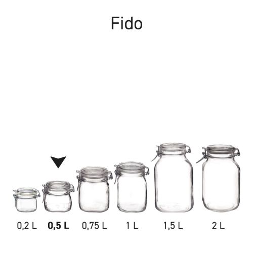 Serieafbeelding van meerdere glazen weckpotten Fido met vierkante vorm.