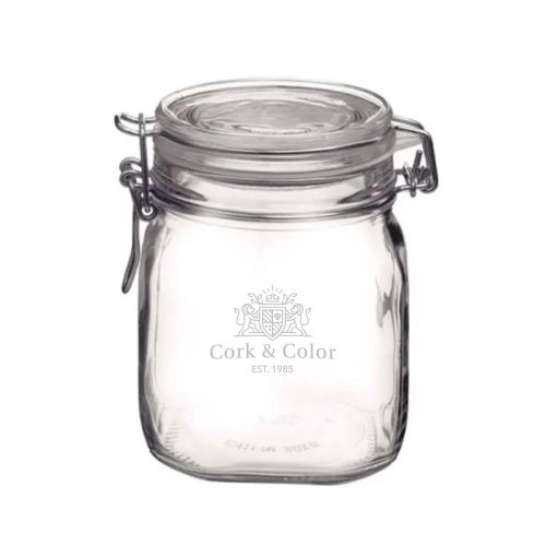 Glazen weckpot Fido 0,75 liter, vierkant model, met gegraveerd CorkColor-logo op de voorzijde.