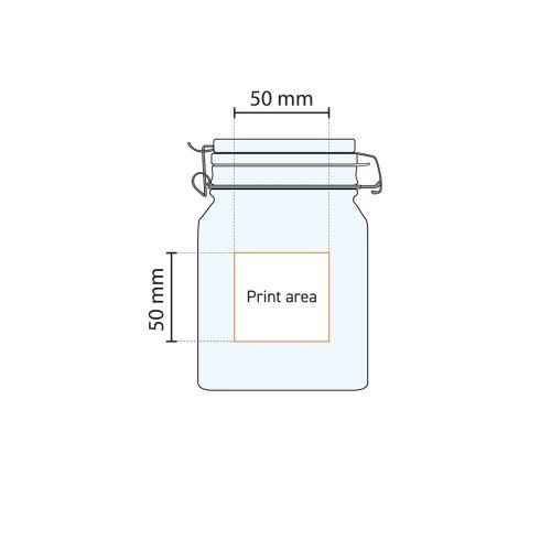 Technische werktekening met drukgebied op glazen weckpot Fido 0,75 liter vierkant model.