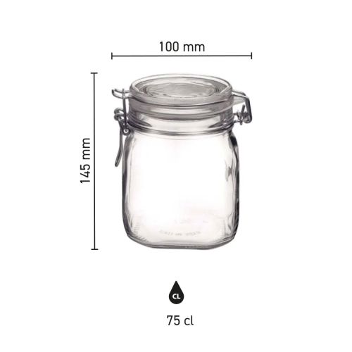 Infographic toont afmetingen van vierkante glazen Fido weckpot 0,75 liter met beugelsluiting.
