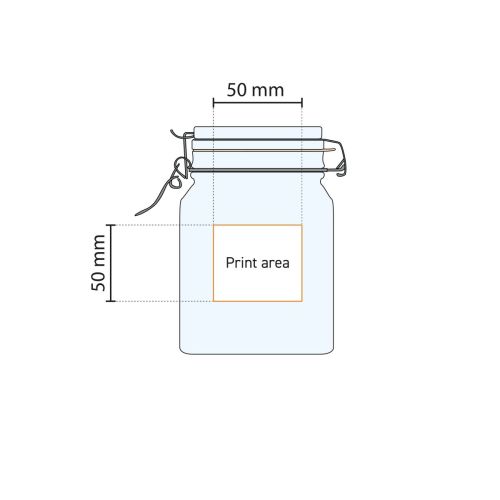 Technische werktekening toont drukgebied op vierkante glazen Fido weckpot 1 liter.