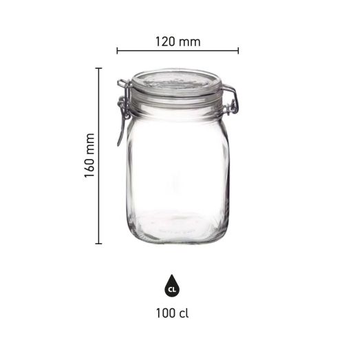 Infographic met afmetingen van vierkante glazen Fido weckpot 1 liter inclusief hoogte en breedte.