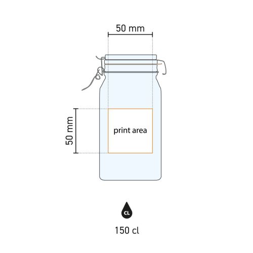 Vierkante glazen weckpot Fido 0,75 liter met meerkleurig DailyDrinks-logo op het vooraanzicht.