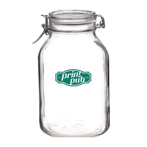 Fido weckpot 1,5 liter vierkant glas met PrintPub-logo in één kleur gecentreerd op de voorzijde.