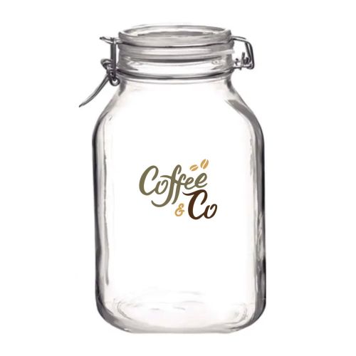 Voorzijde van glazen weckpot Fido 1,5 liter met meerkleurig CoffeeCo-logo op glad oppervlak.