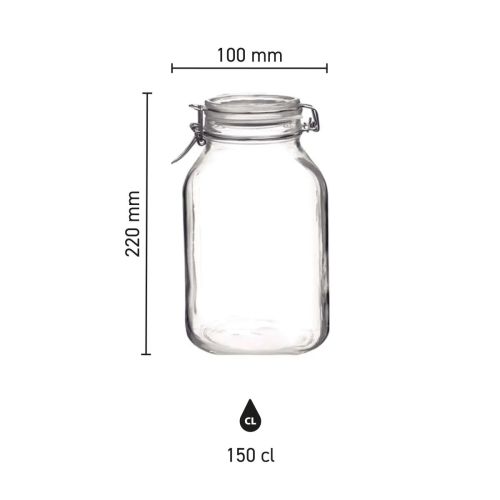 Infographic toont afmetingen van Fido weckpot 1,5 liter vierkant glas met hoogte en breedte.