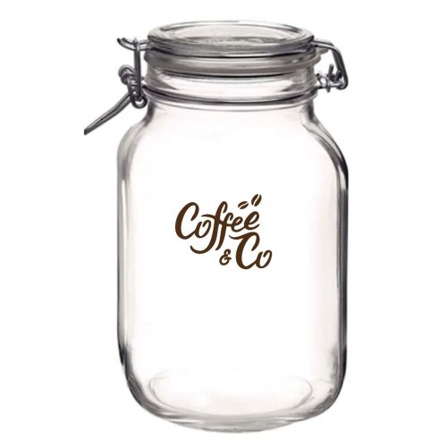 Fido weckpot 2 liter vierkant glas met CoffeeCo-logo in één kleur op het vooraanzicht.