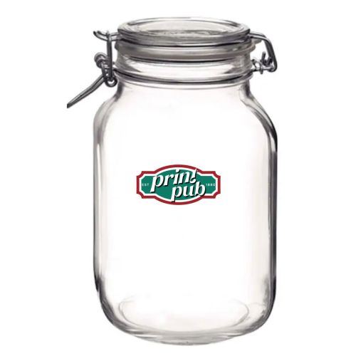 Meerkleurig PrintPub-logo op voorzijde van vierkante glazen Fido weckpot 2 liter.