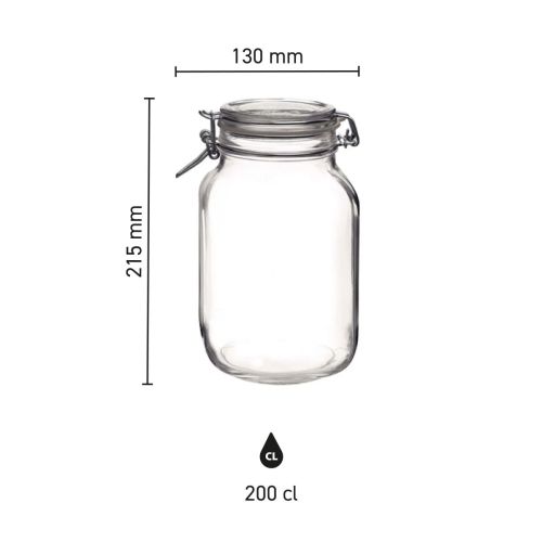 Infographic toont afmetingen van Fido 2 liter vierkante weckpot, inclusief hoogte en breedte.