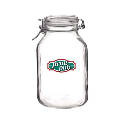 Voorzijde van de vierkante Weckpot Fido 3 liter met meerkleurig PrintPub-logo bedrukt op het glas.