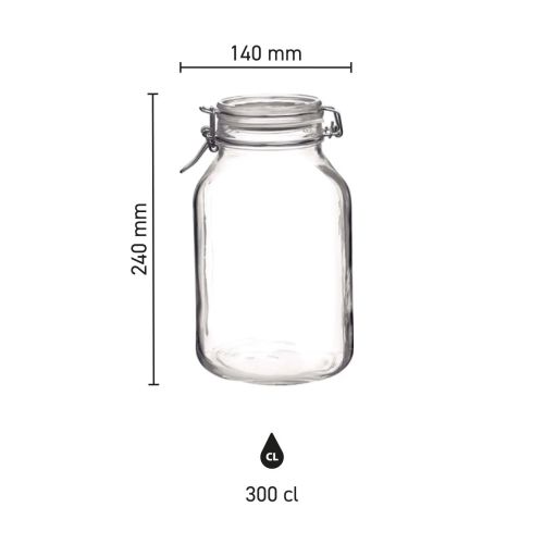 Infographic met maatvoering van de vierkante Weckpot Fido 3 liter, toont hoogte, breedte en volume.