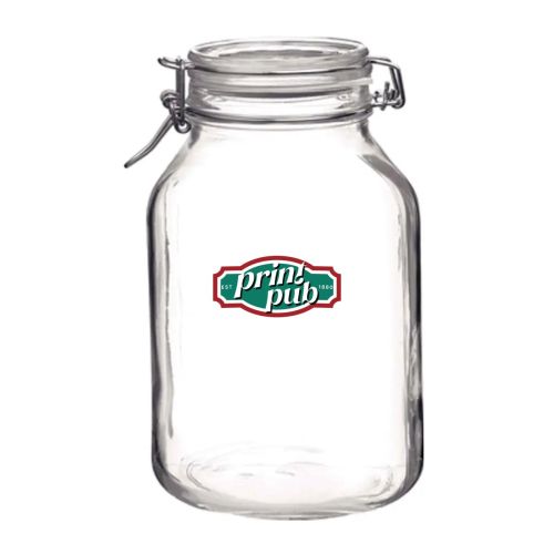 Weckpot Fido 4 liter met meerkleurig PrintPub-logo op het voorvlak van het ronde glazen oppervlak.