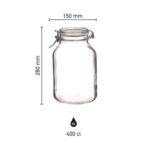 Infographic met hoogte, diameter en inhoud van de Weckpot Fido 4 liter in ronde uitvoering.