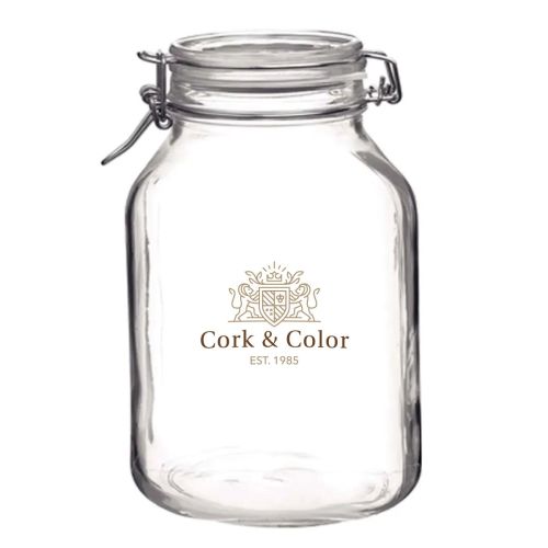 Weckpot Fido 5 liter met meerkleurig CorkColor-logo op het voorvlak van het ronde glas.
