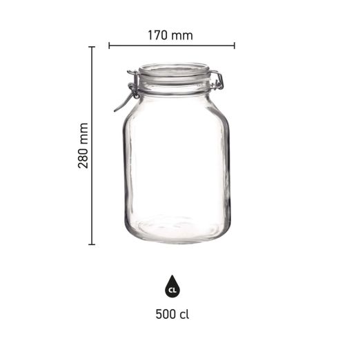 Infographic met hoogte, diameter en inhoud van de ronde Weckpot Fido 5 liter in duidelijke maatverdeling.