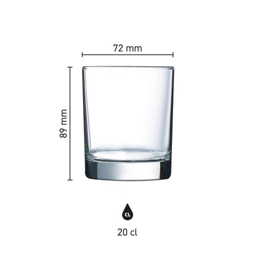 Infographic toont de precieze afmetingen van het 20 cl. whiskyglas in millimeters.