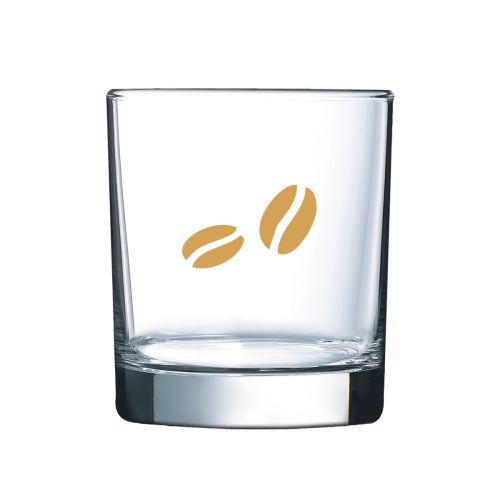 Vooraanzicht van whiskyglas 30 cl met bedrukt CoffeeCo-logo in één kleur op het middenvlak.