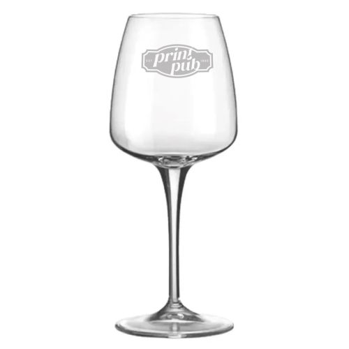 Aurum wijnglas met gegraveerd PrintPub-logo in het midden van het glas, zichtbaar op de voorzijde.