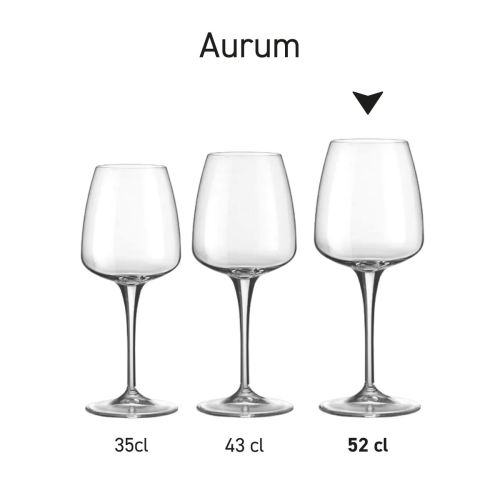 Gedetailleerde infographic met schaal en afmetingen van het Aurum wijnglas 52 cl.