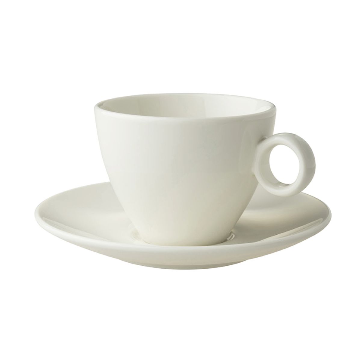 Vooraanzicht van Bart cappuccino 23 cl. SET van wit porselein, met ronde vorm en stevig oor.