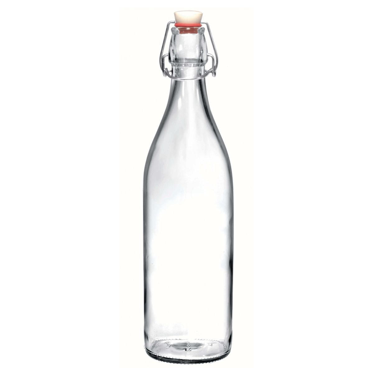 Frontaal beeld van ronde beugelfles Giara 1 liter glas met brede hals en stevige beugelsluiting.